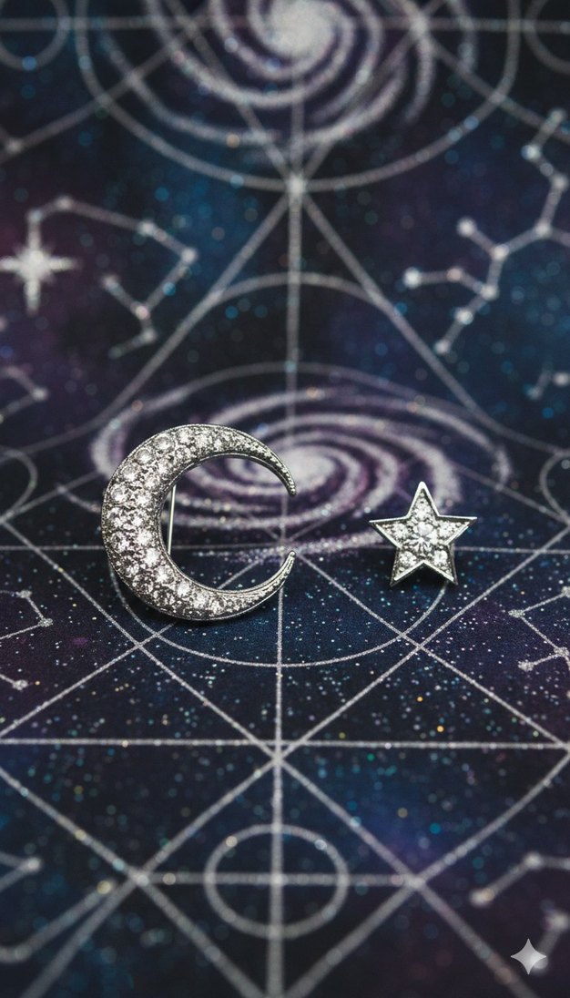 Pul İşlemeli Siyah Gotik Ay ve Yıldız Broş - Görsel 2