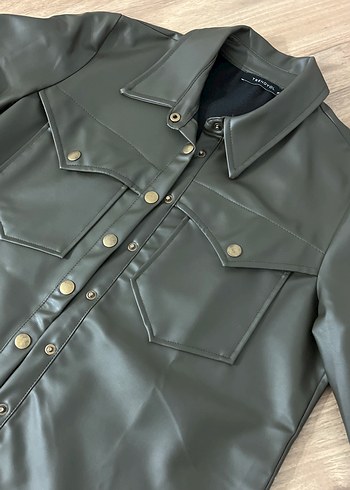 Düğmeli Kadın Deri Ceket Gri - Görsel 2