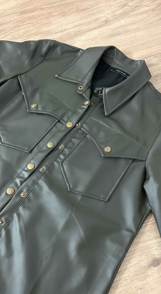 Düğmeli Kadın Deri Ceket Gri - Görsel 2