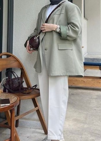 38 Beden Kadın Keten Yeşil Blazer Ceket