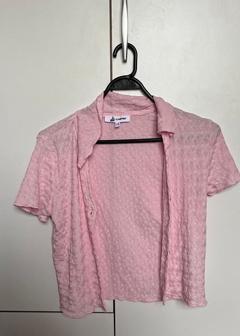 Düğmeli Kısa Kollu Pembe Keten Gömlek - Görsel 5