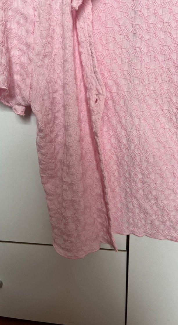 Düğmeli Kısa Kollu Pembe Keten Gömlek - Görsel 4