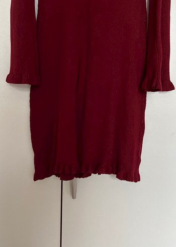 Bordo Yüksek Yakalı Uzun Triko Elbise - Görsel 7