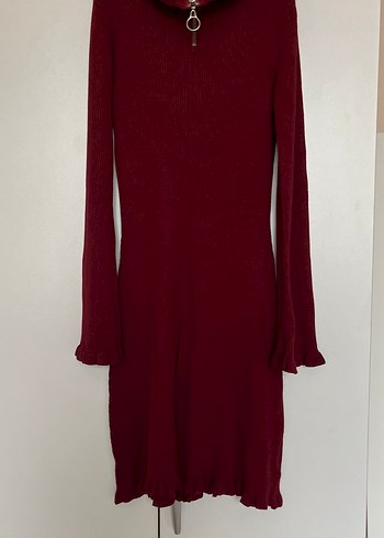 Bordo Yüksek Yakalı Uzun Triko Elbise - Görsel 4