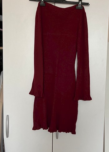 Bordo Yüksek Yakalı Uzun Triko Elbise - Görsel 8