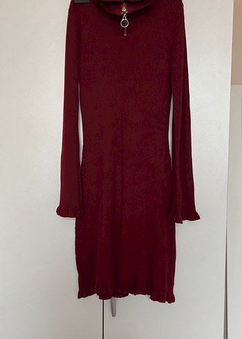 Bordo Yüksek Yakalı Uzun Triko Elbise - Görsel 5