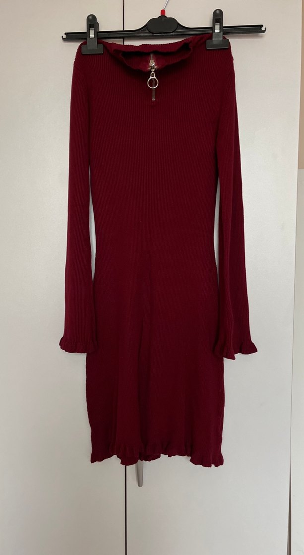 Bordo Yüksek Yakalı Uzun Triko Elbise - Görsel 4