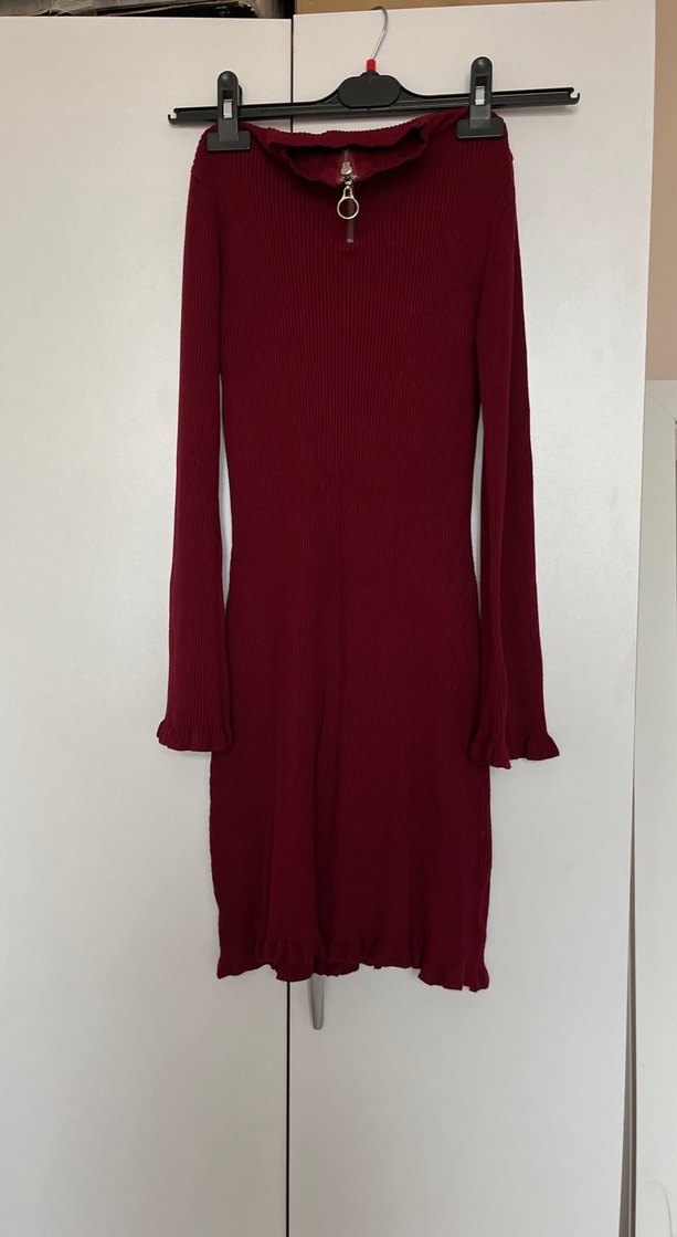 Bordo Yüksek Yakalı Uzun Triko Elbise - Görsel 5