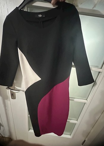 Uzun Kollu, Drapeli, Pembe Siyah Kalem Elbise - Görsel 2