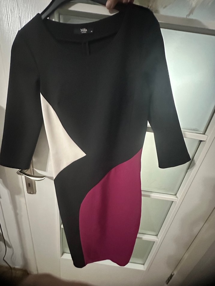 Uzun Kollu, Drapeli, Pembe Siyah Kalem Elbise - Görsel 2