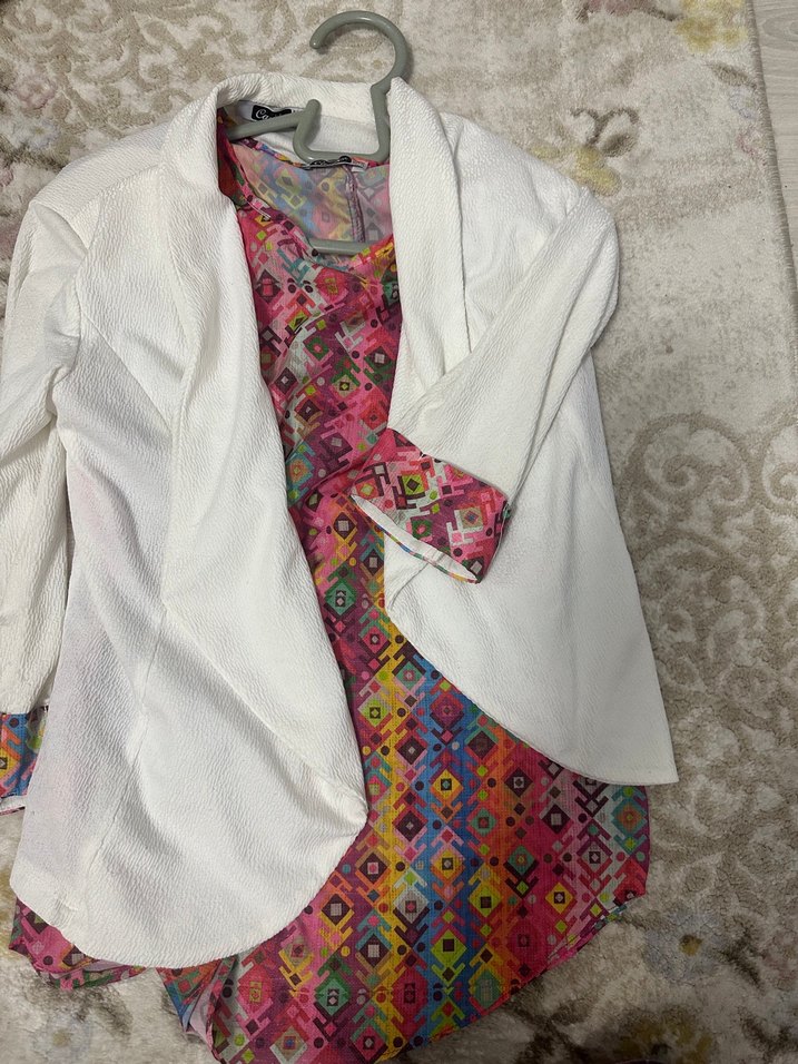 Renkli Tie-Dye Desenli Bohem  ikili takım Mini Blazer - Görsel 2