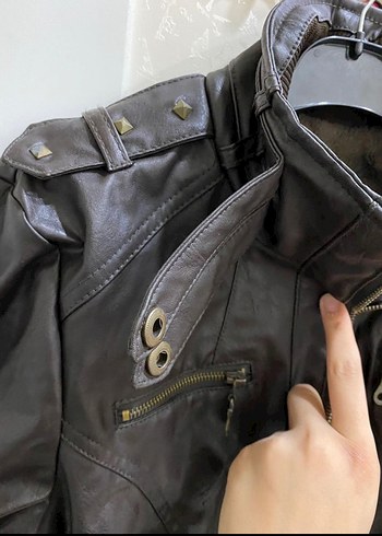 42 Beden Kemerli Kahverengi Deri Biker Ceket