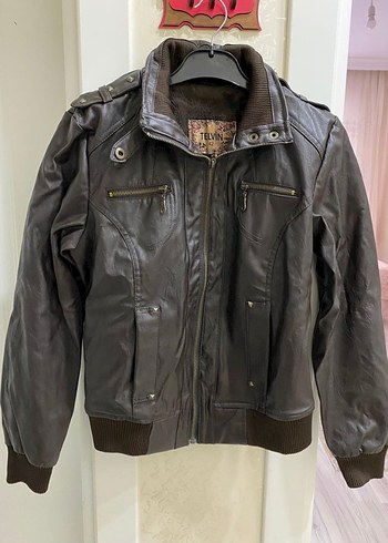 Diğer Kemerli Kahverengi Deri Biker Ceket