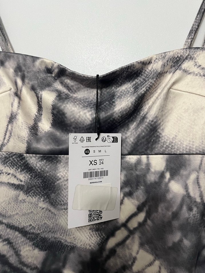 Gri Bağlama Desenli İnce Askılı Midi Elbise - Görsel 2