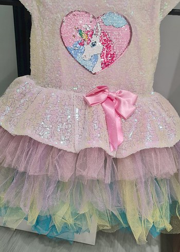 Diğer Pembe Payetli Unicorn Kız Elbise