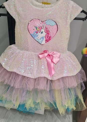Pembe Payetli Unicorn Kız Elbise