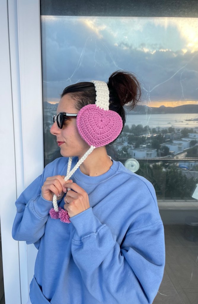 Pembe Örgü Kalpki Kulaklık - Görsel 2