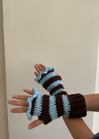 Kadın Mavi kahverengi Örgü Eldiven - Görsel 4