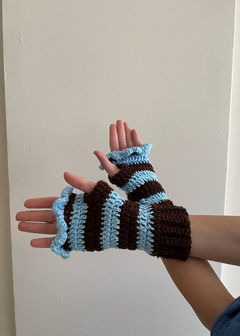 Kadın Mavi kahverengi Örgü Eldiven - Görsel 3