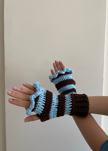 Kadın Mavi kahverengi Örgü Eldiven - Görsel 2
