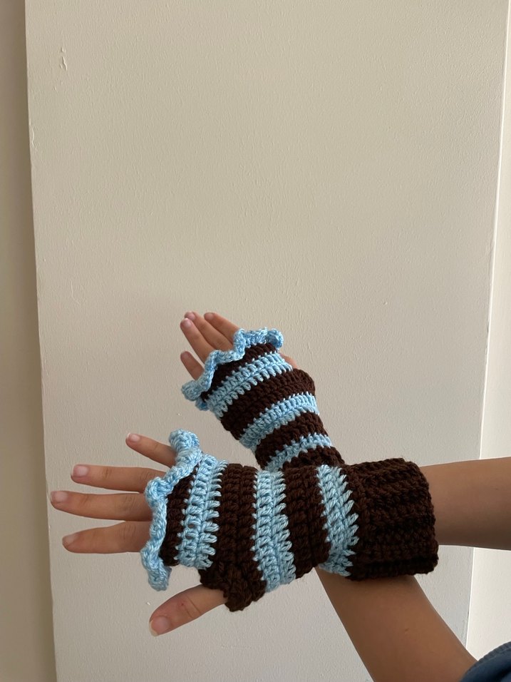 Kadın Mavi kahverengi Örgü Eldiven - Görsel 4