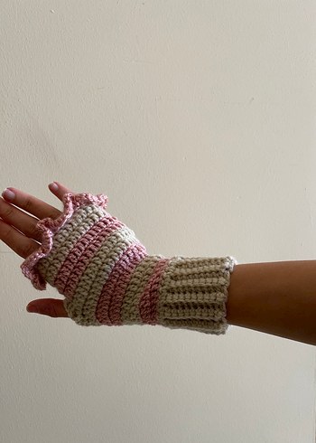 Pembe Krem Çizgili Örgü Parmaksız Eldiven - Görsel 4