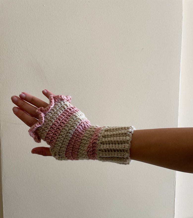 Pembe Krem Çizgili Örgü Parmaksız Eldiven - Görsel 4