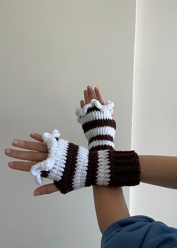 Kadın Kahverengi Beyaz Çizgili Örgü Eldiven - Görsel 4