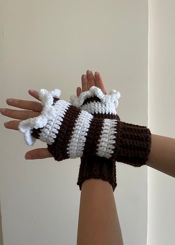 Kadın Kahverengi Beyaz Çizgili Örgü Eldiven - Görsel 3