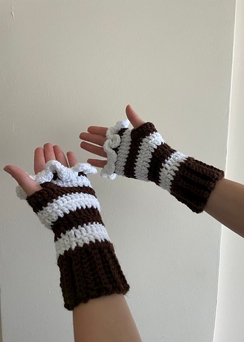 Kadın Kahverengi Beyaz Çizgili Örgü Eldiven - Görsel 2