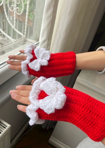 Kırmızı Fırfırlı Örgü Eldiven - Görsel 6