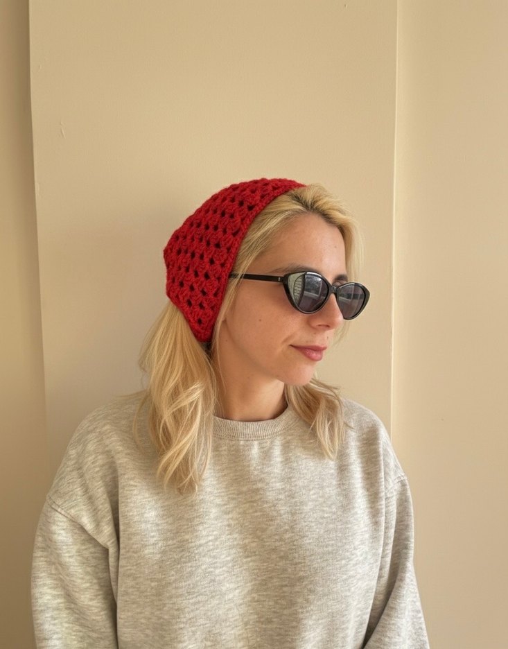 Kırmızı Örgü Bohem Saç Bandı - Görsel 2