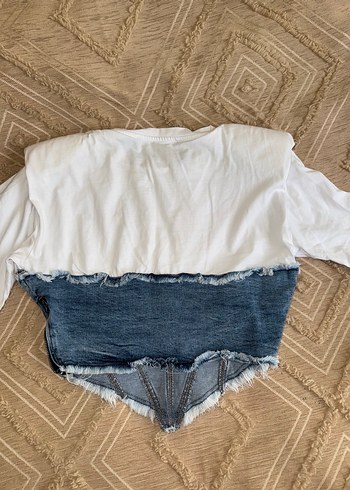 38 Beden Düğmeli Beyaz Kot Mini Tişört
