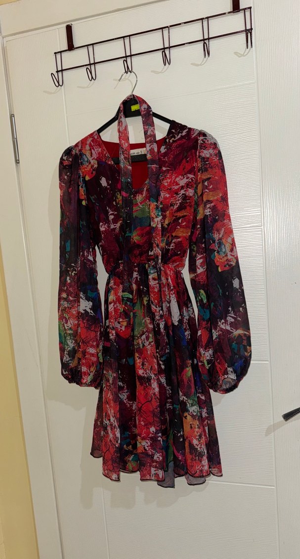 Bohem Uzun Kollu Bağlamalı Çok Renkli Elbise - Görsel 2