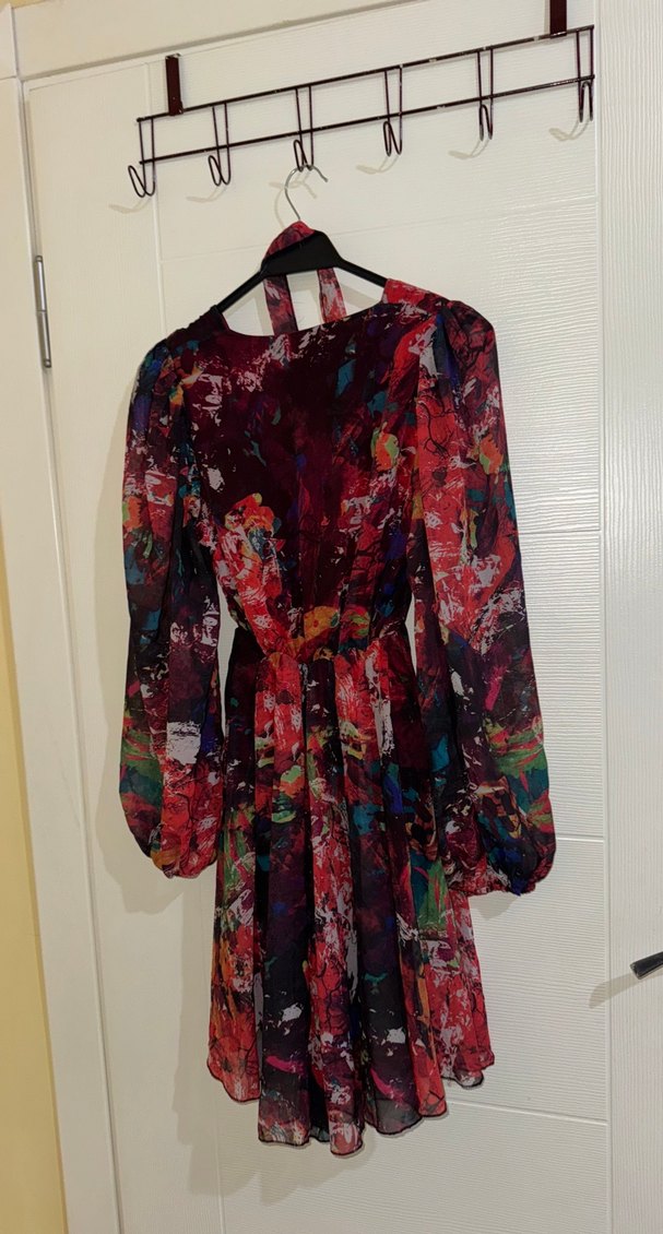 Bohem Uzun Kollu Bağlamalı Çok Renkli Elbise - Görsel 3