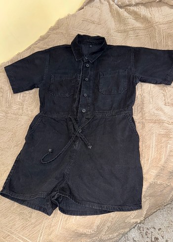 40 Beden Düğmeli Siyah Denim Kısa Tulum