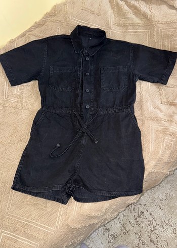 Düğmeli Siyah Denim Kısa Tulum