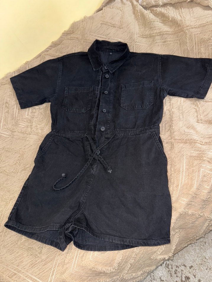 Düğmeli Siyah Denim Kısa Tulum - Görsel 2