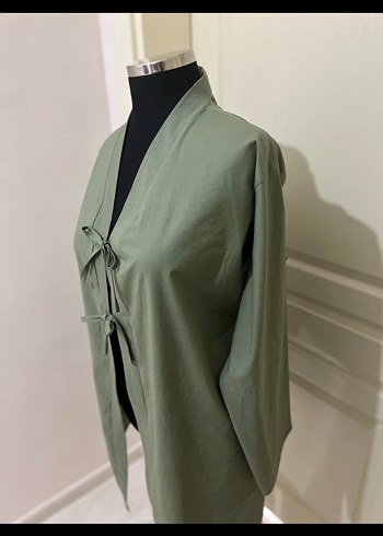 Uzun Kollu Kadın Haki Kimono - Görsel 3