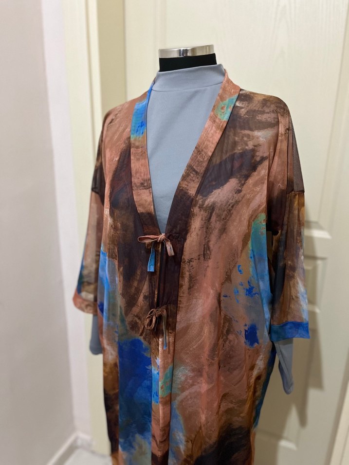 Uzun Bağcıklı Batik Desenli Kadın Kimono - Görsel 3