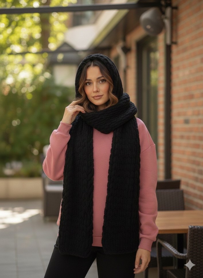 Siyah Kapüşonlu Kadın Atkı - Görsel 2