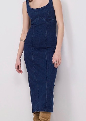 Koyu Lacivert Denim Uzun Elbise