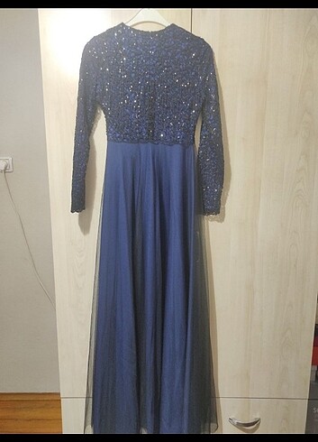 36 beden gece mavisi pul işlemeli abiye elbise 
