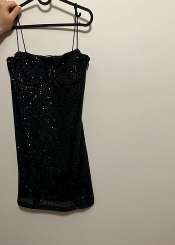 Siyah Payetli V Yaka Mini Elbise - Görsel 5