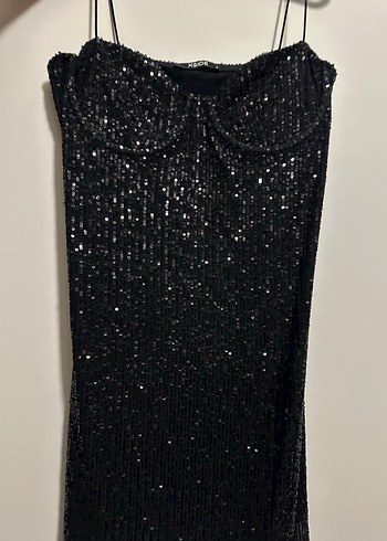 Siyah Payetli V Yaka Mini Elbise - Görsel 2