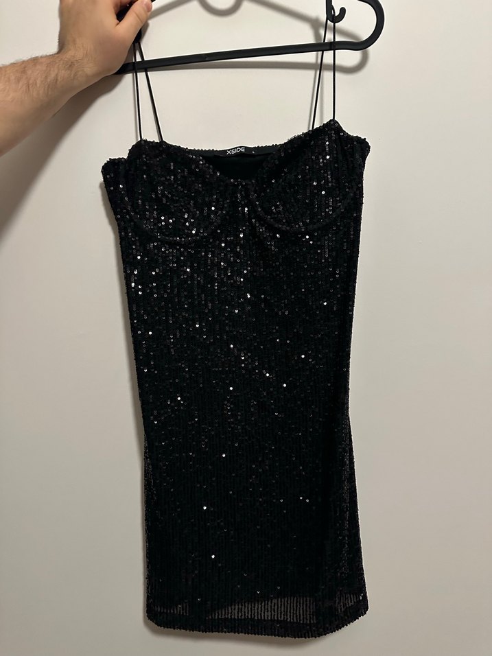 Siyah Payetli V Yaka Mini Elbise - Görsel 3