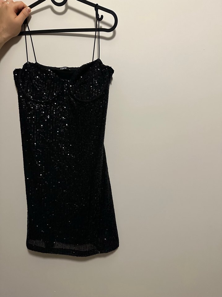 Siyah Payetli V Yaka Mini Elbise - Görsel 5