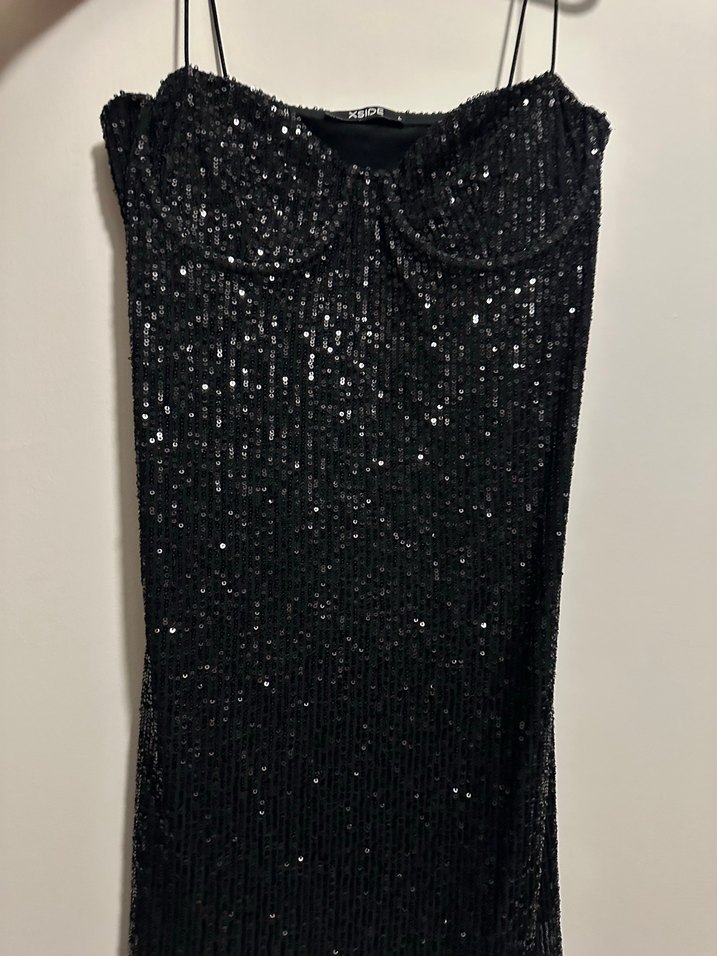 Siyah Payetli V Yaka Mini Elbise - Görsel 2