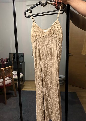 Stradivarius Bej Keten  Uzun Elbise - Görsel 3