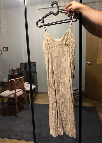 Stradivarius Bej Keten  Uzun Elbise - Görsel 4